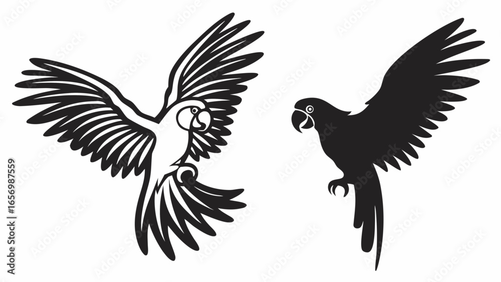 Obraz premium Two parrots in flight depicted as black and white vector silhouettes with detailed wing feathers