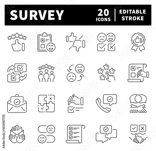 Survey thin line icons set. Survey vector icons in line style. Questionnaire outline icons