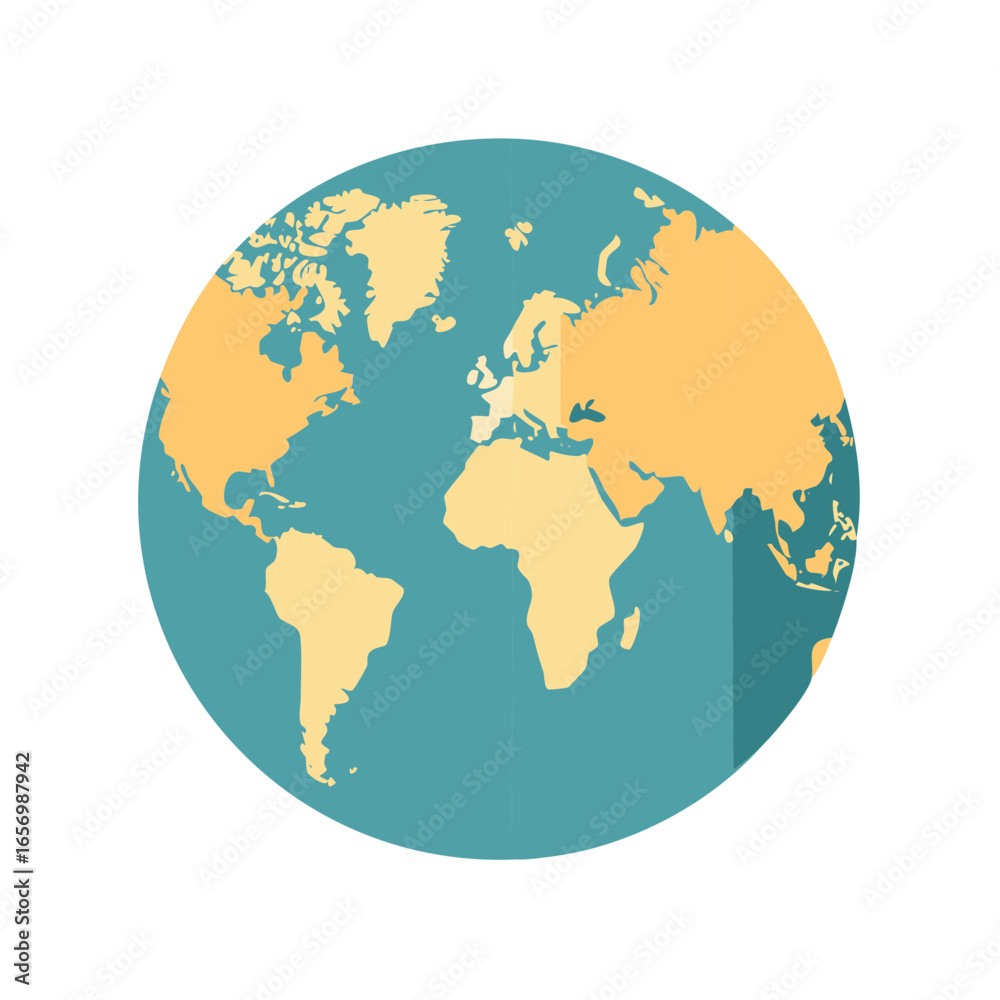 Naklejka premium World map globe illustration. Global geography with continents and oceans. Earth icon. Flat design worldwide travel and cartography concept.