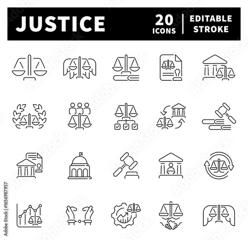 Justice related icons. Justice vector icons in line style. Justice symbols set. Outline justice icons