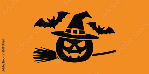 A halloween graphic featuring a pumpkin with a witch hat bats and a broom on an orange background