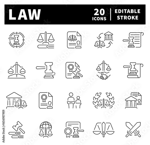 Outline law and justice icons. Law vector icons in line style. Law symbols set
