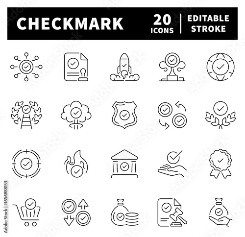 Checkmark related icons. Checkmark vector icons in line style. Checkmark icons set. Tick related icons
