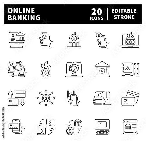 Online banking related icons. Online banking vector icons in line style. Banking icons set