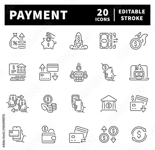 Pay, payment, banking icons set. Payment vector icons in line style. Payment related icons set.