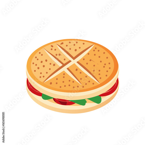 Isometric Burger with Lettuce, Tomato, and Sesame Seed Bun for Fast Food Concepts