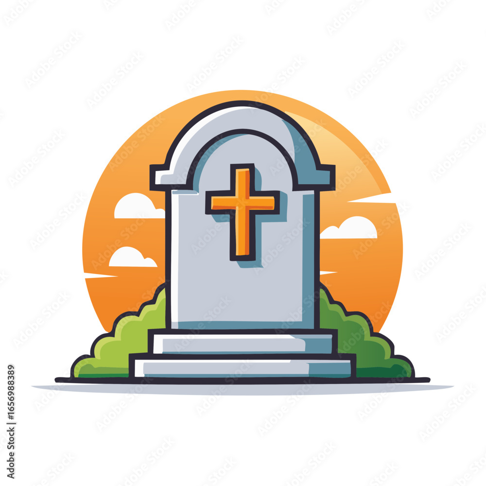 Fototapeta premium Cartoon gravestone with a cross and shrubs against an orange sunset circle illustration