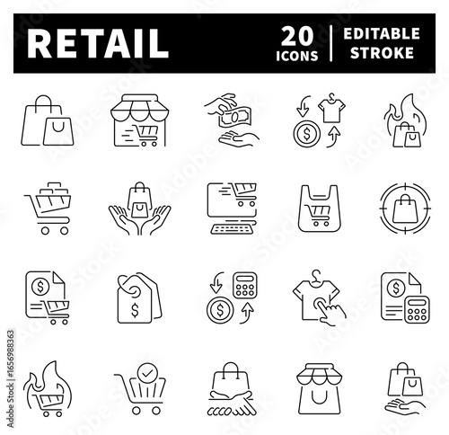 Thin line retail icons. Retail vector icons in line style. Retail icons collection
