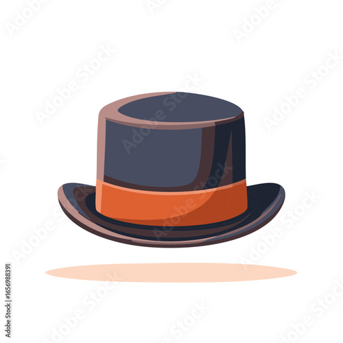 Elegant cartoon cylinder hat with orange ribbon for costume, theater or vintage fashion use and isolated on white