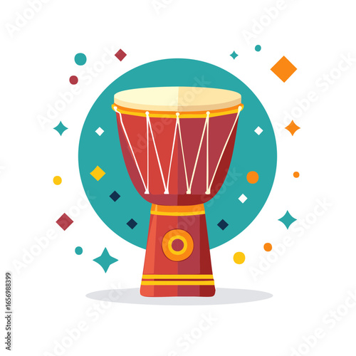 Flat Vector Illustration of a Hand Drum Against Teal Circle with Colorful Confetti