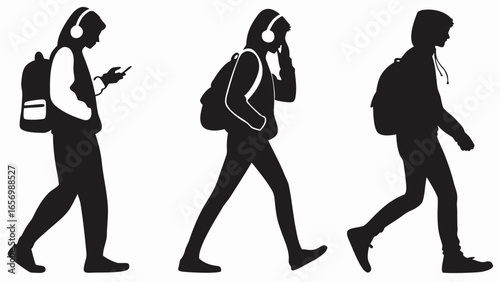 Silhouettes of three people walking with backpacks and headphones in black and white vector image