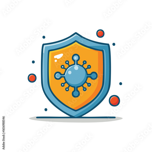 Cartoon shield protects against virus cells in the air showing defense