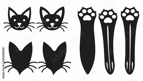 Silhouette of cat faces and paw print bookmarks in black and white vector illustration design art