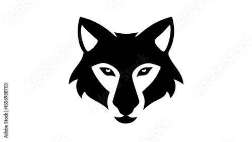 Black silhouette of a wolf head with pointed ears and piercing eyes on a white background design element
