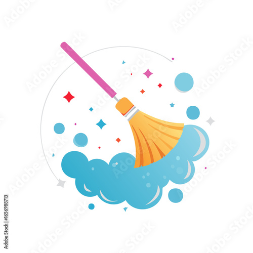 Broom sweeps up blue water or soapy bubbles with sparkles; Cleaning equipment and services