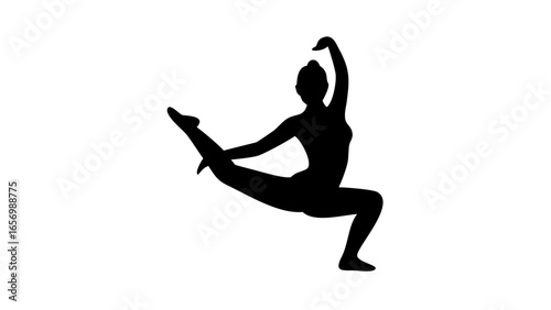 Silhouette of a woman performing a split with one arm raised gracefully in a dance like pose on white