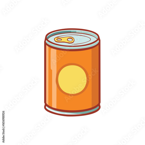 Cartoon illustration of an orange can with yellow circle label and pull tab