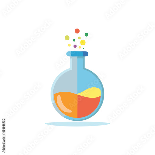 Round Flask with Colorful Chemical Reaction Bubbles for Science Experiment or Research Laboratory