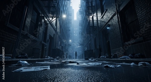 Gloomy Rainy Alleyway Scene at Night with a Solitary Figure