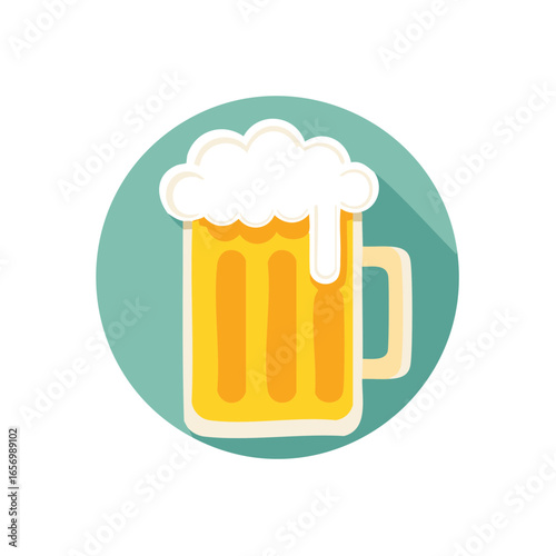 A cartoon beer mug with frothy head on a light teal circle background, vector image.