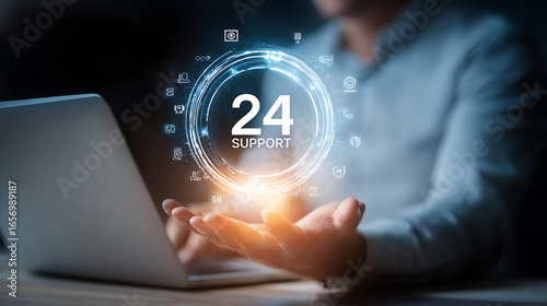Person displaying digital twenty four support interface business technology