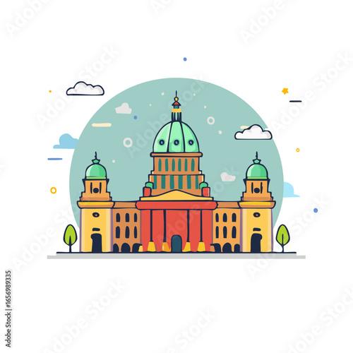Whimsical Capitol Building Illustration with Dome and Clouds in Cartoon Style