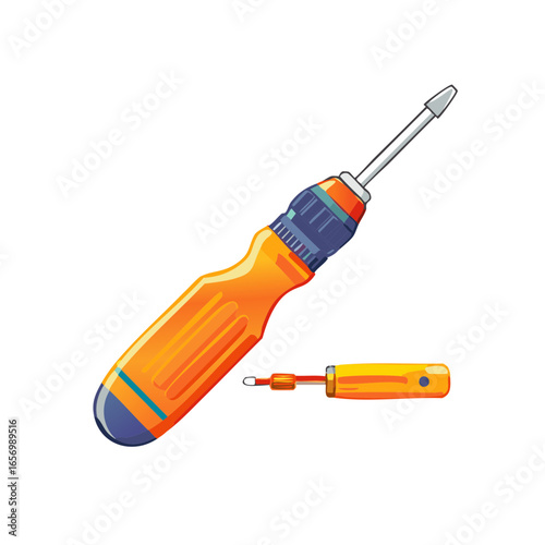 Illustration of Orange Handled Screwdrivers with Steel Shafts and Textured Grips for Construction and Repair
