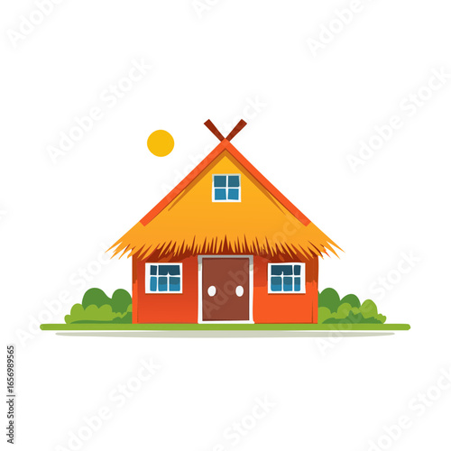Illustration of a thatched roof house near shrubbery in the sunshine depicting rural living