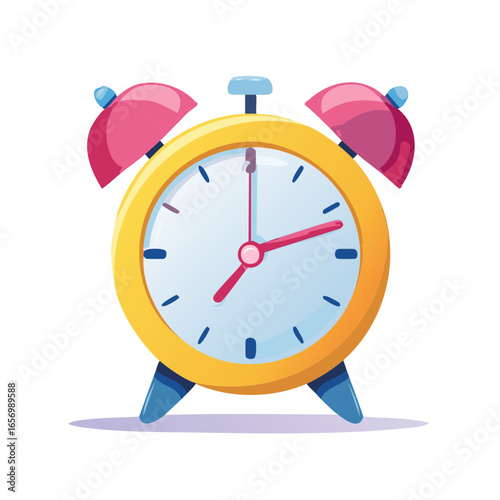 Stylized yellow alarm clock with pink bells indicating wake-up time for morning events or activities.