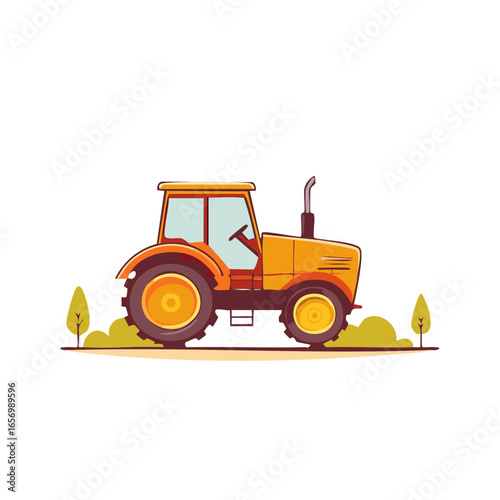 Illustration of an orange tractor with trees on a small patch of grass.