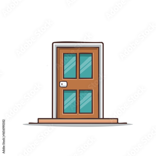 Wooden Four-Panel Door Illustration with Step Threshold and Simple Door Knob