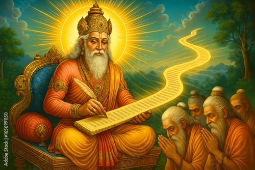 Brahma's Divine Revelation The Creator Writes the Vedas on a Lotus Seat