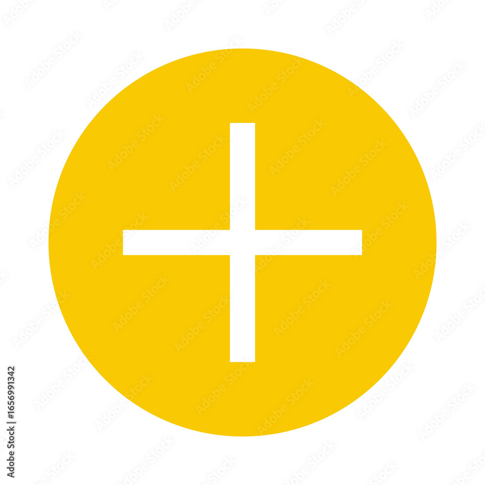 Fototapeta premium Simple white plus sign inside a bright yellow circle