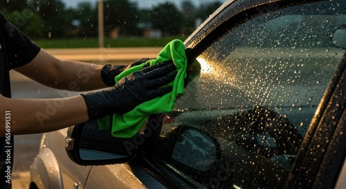 Person cleaning a car window with a green cloth outdoors.