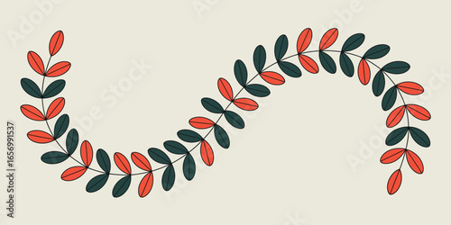 A simple illustration of a wavy line of alternating red and green leaves on a cream colored background