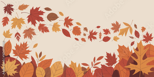 Autumn leaves in various shades of orange, yellow, and brown arranged in a decorative pattern on beige background
