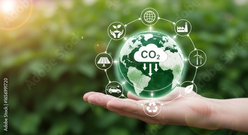 Hand holding a glowing globe with co2 emissions, representing global effort towards net zero emissions and environmental sustainability