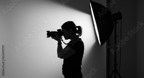 Silhouette of a person holding a camera with a softbox in a studio.
