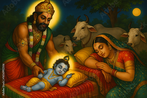 Lord Krishna's Birth The Blessed Moment with Vasudeva and Mother Devaki