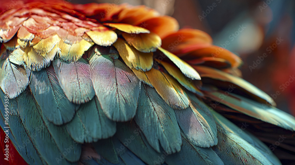 Obraz premium Macro close-up of vivid parrot plumage — feather detail, saturated colors and intricate textures.