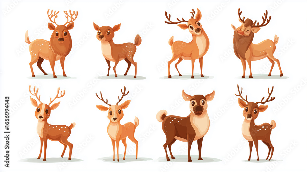 Fototapeta premium set of cute reindeer cartoon style, isolated on white background. Design element for Christmas greeting card, poster, wallpaper.