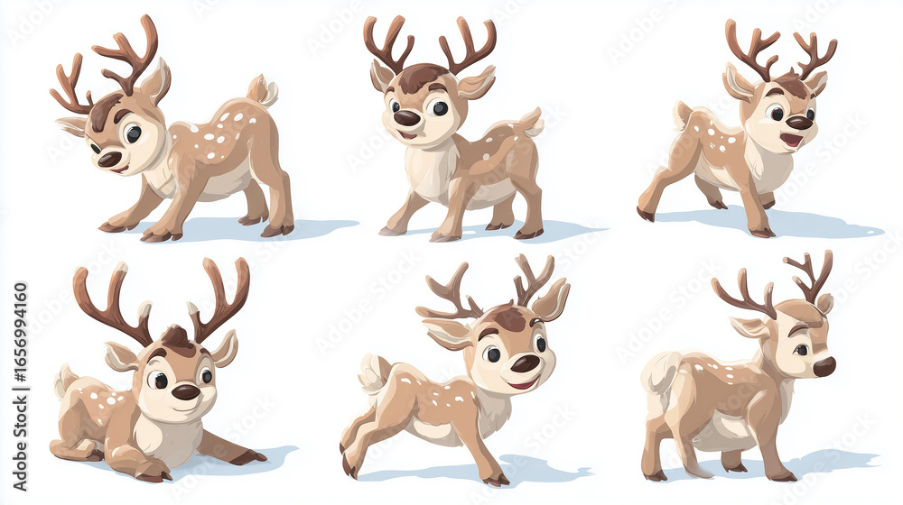 Naklejka premium set of cute reindeer cartoon style, isolated on white background. Design element for Christmas greeting card, poster, wallpaper.