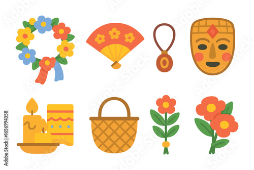 Cultural Dress Icons Grid. Flat vector mini-illustrations cultural dress rituals in colors children's