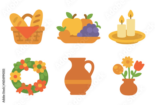 Cultural Feast Icons. Flat vector mini-illustrations cultural feasts in colors children's illustrations: