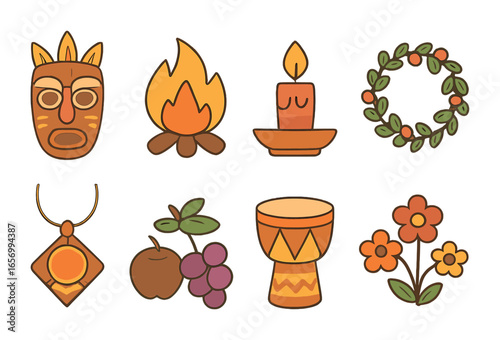 Ancestral Ritual Icons. Flat vector mini-illustrations ancestral rituals in colors children's illustrations: