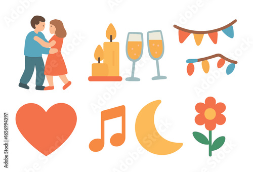 Romantic Icon Grid. Flat vector mini-illustrations romantic evening dance in colors children's illustrations: