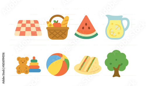 Family Picnic Fun. Flat vector mini-illustrations picnic with family in colors children's illustrations: