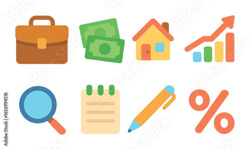 Colorful Real Estate Icons. Flat vector mini-illustrations real estate portfolio in colors children's
