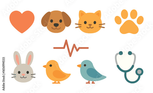 Animal Heartbeat Icons. Flat vector mini-illustrations heartbeat of animals in colors children's illustrations