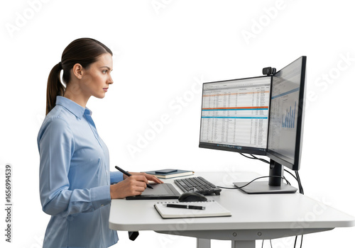Woman working at a standing desk with dual monitors, isolated on transparent background